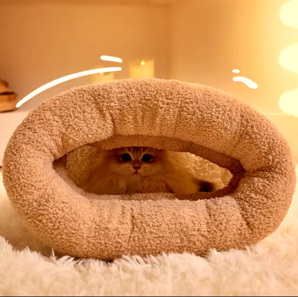 Cozy Tunnel Bed for Cats - Plush Warm Snuggle Cave